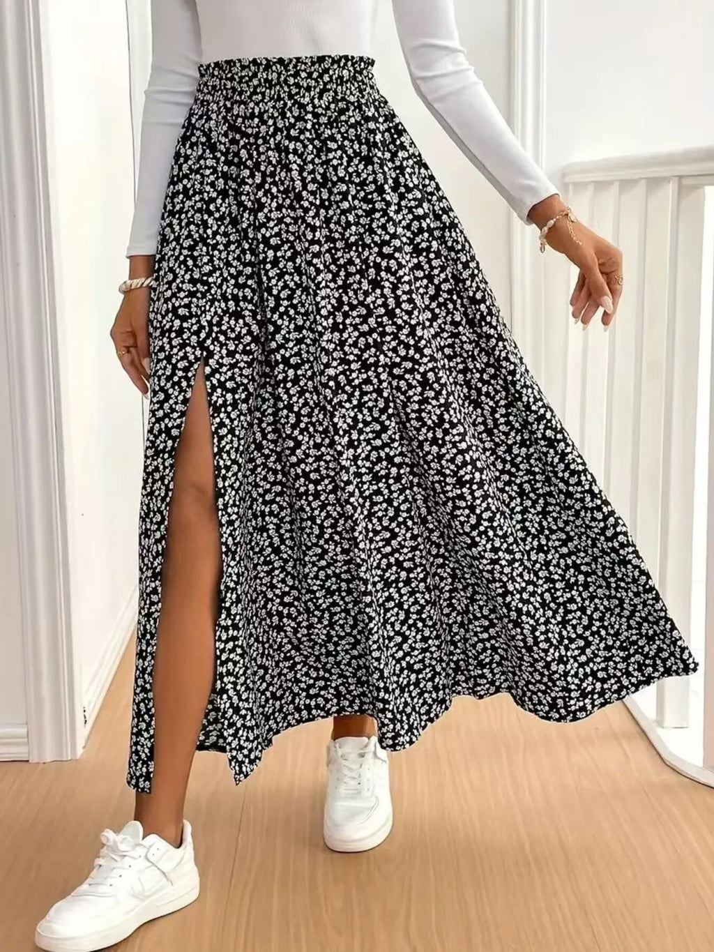 Floral Split Elastic Waist Maxi Skirt Black