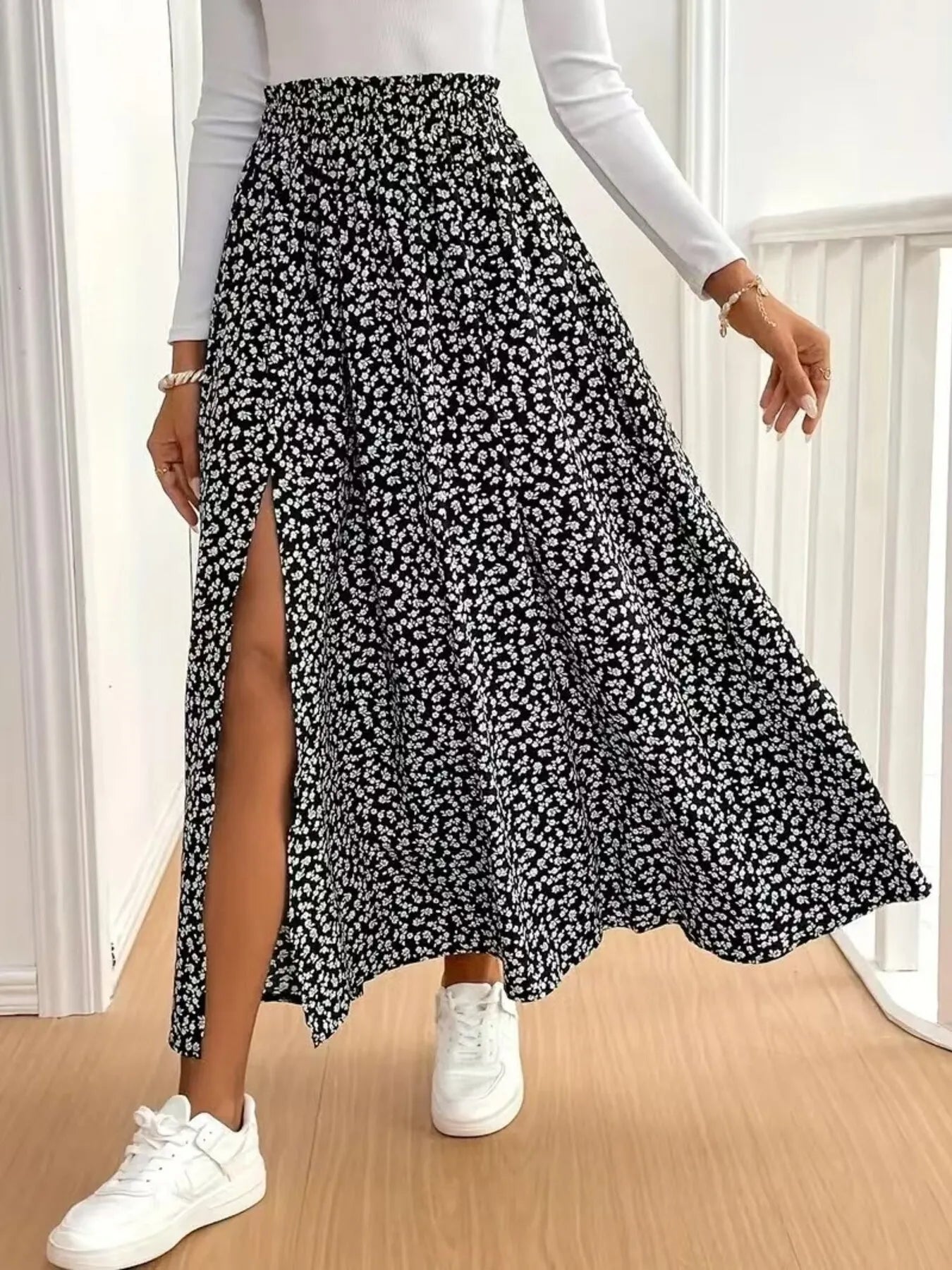 Floral Split Elastic Waist Maxi Skirt Black