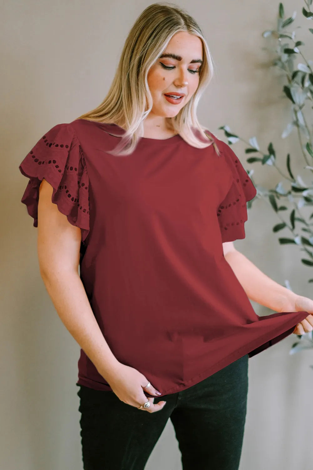 Plus Size Eyelet Round Neck Short Sleeve Blouse Burgundy