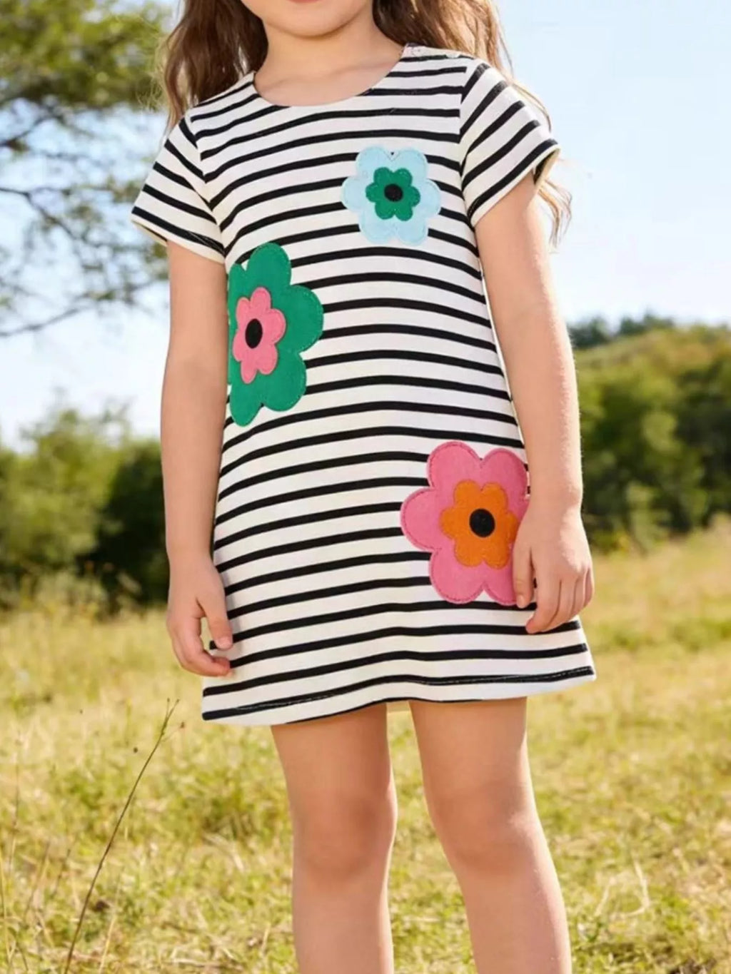 women's children's striped floral applique casual dress - product showcase