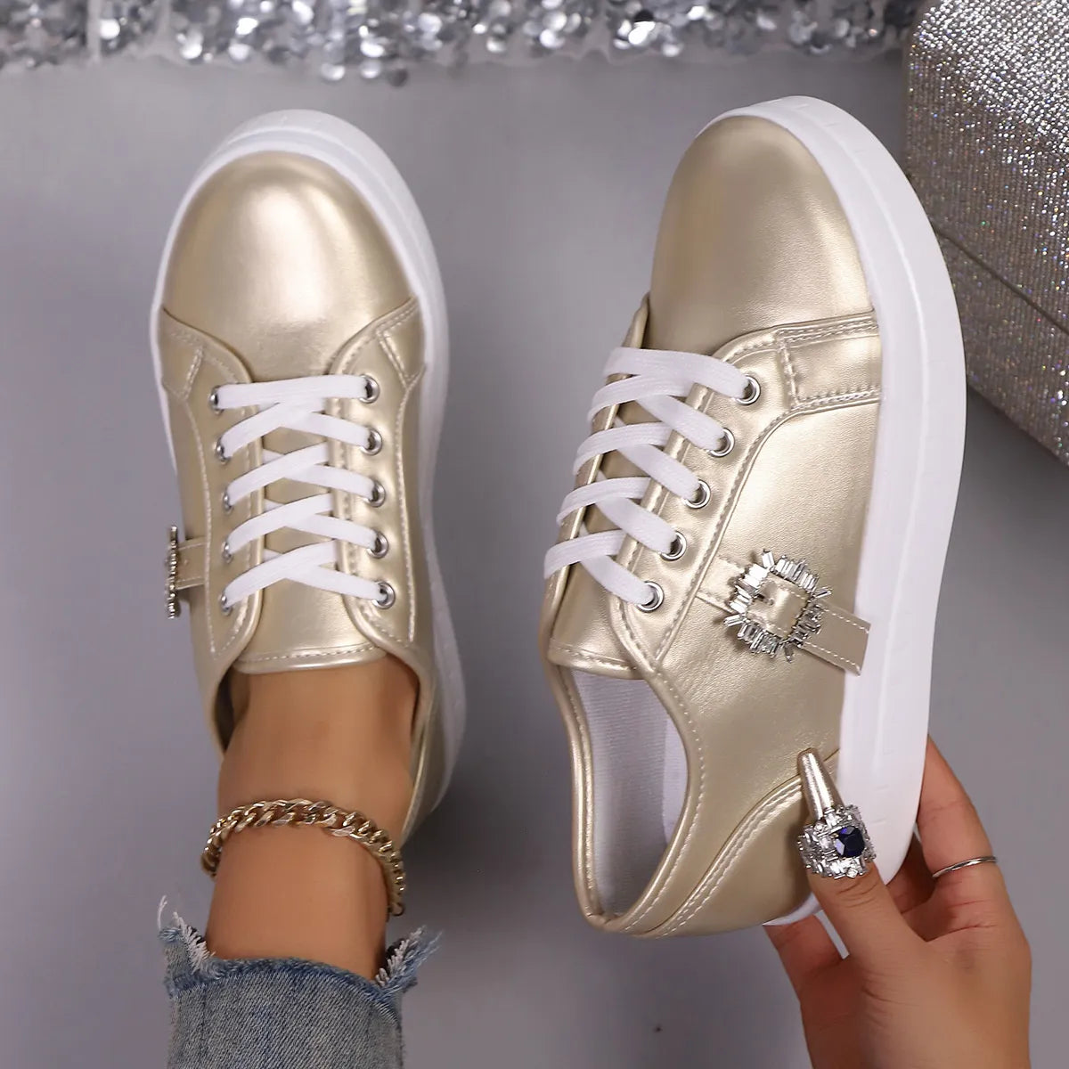 women's rhinestone embellishment platform sneakers - back view