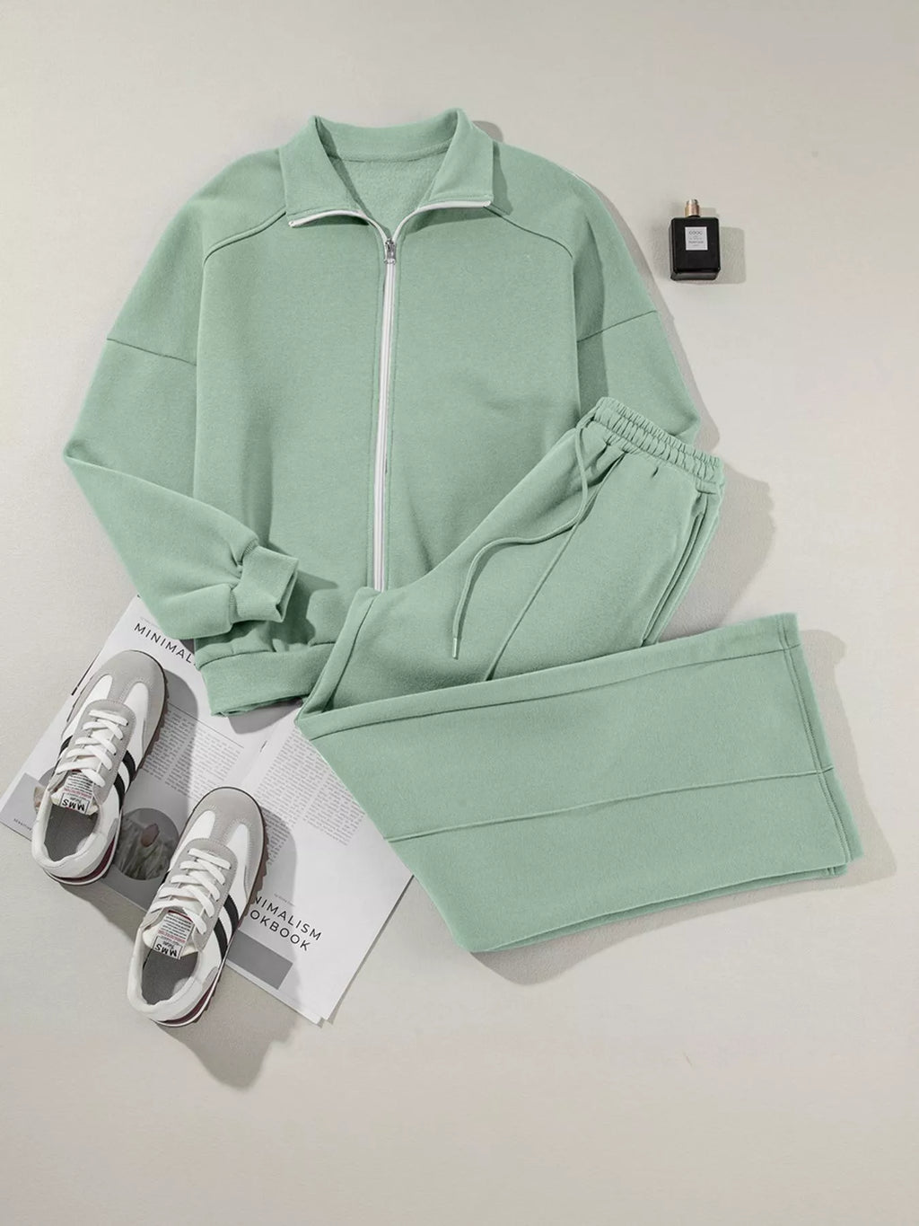 women's drop shoulder zip up jacket and drawstring pants active 2pcs set - styling option