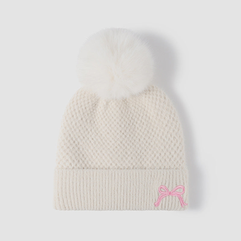 Thermal Bow Knit Hat with Pompom White One Size