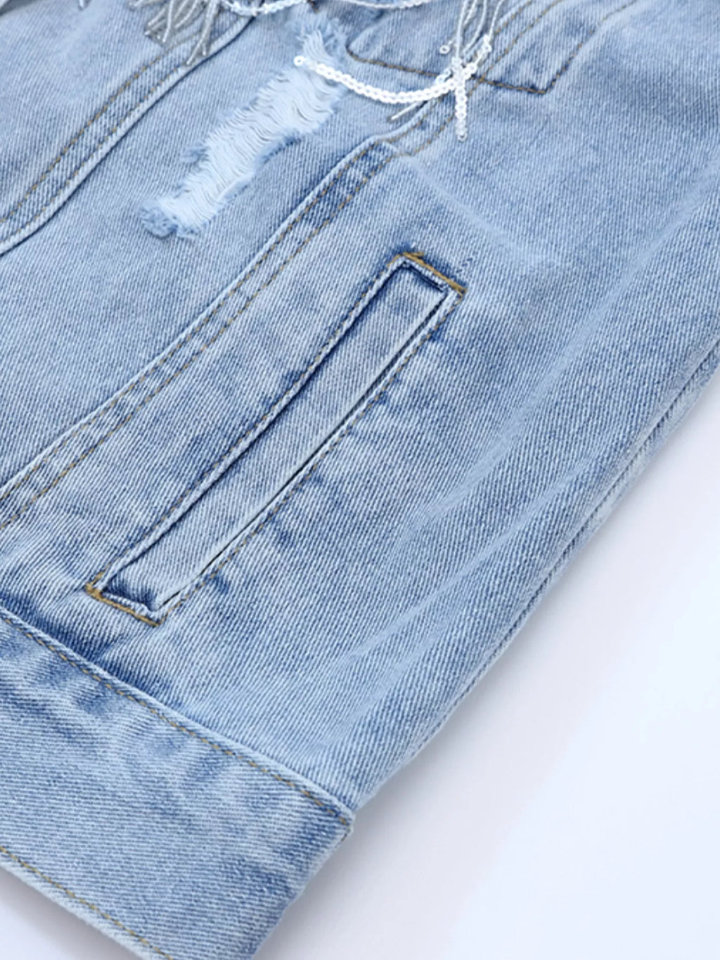 women's fringed sequin embellished denim jacket - additional image