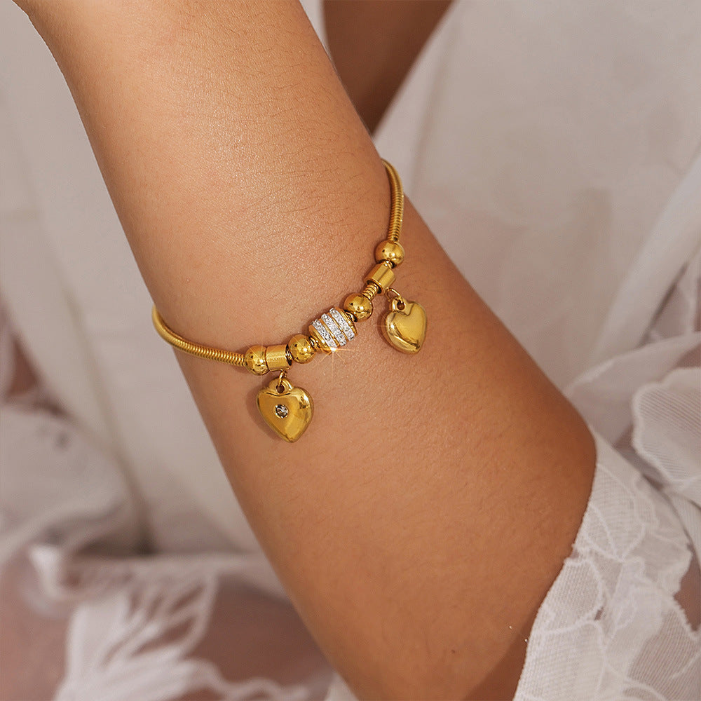 18K Gold-Plated Rhinestone Heart Charm Bracelet Gold One Size