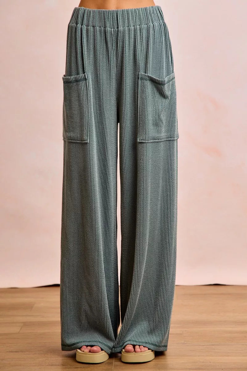 women's bibi two tone cord rib contrast stitching v-neck top and pants set - product detail