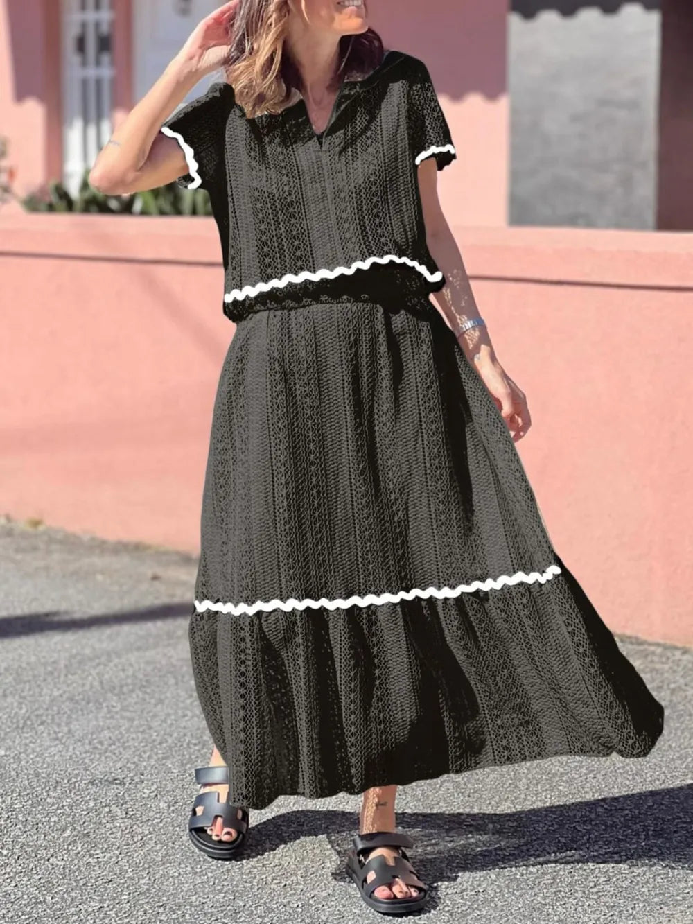 Contrast Trim Openwork Short Sleeve Top and Skirt Set