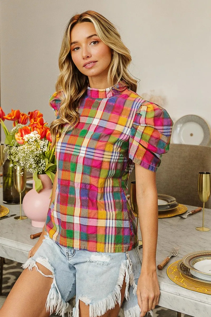 women's bibi short puff sleeve washed vintage plaid top - styling option