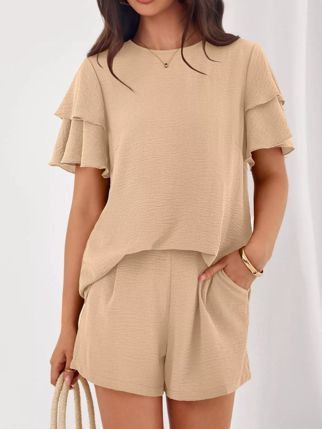 women's ruffle sleeve top and shorts two-piece set - additional image