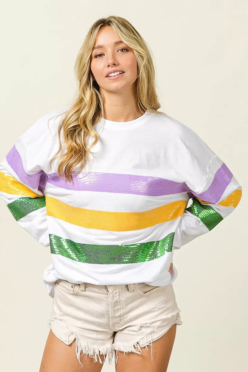 women's bibi sequin mardi gras striped round neck sweatshirt - extra view