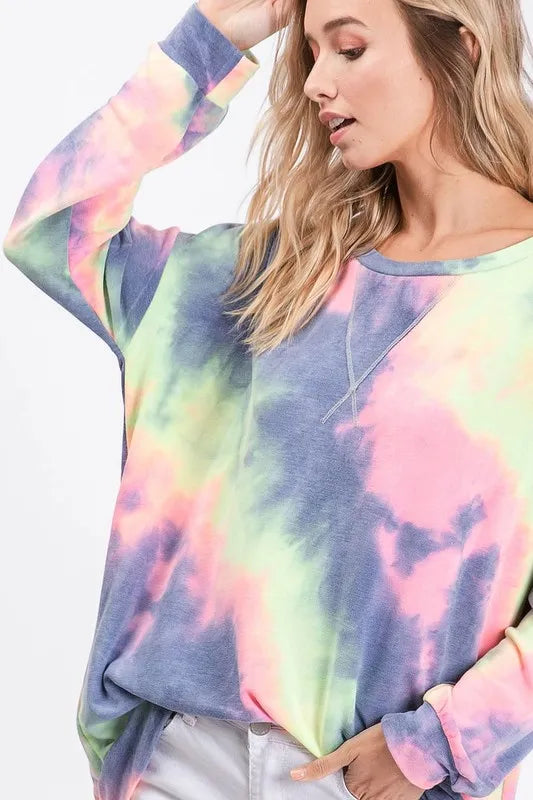 women's bibi tie dye french terry print top - lifestyle shot