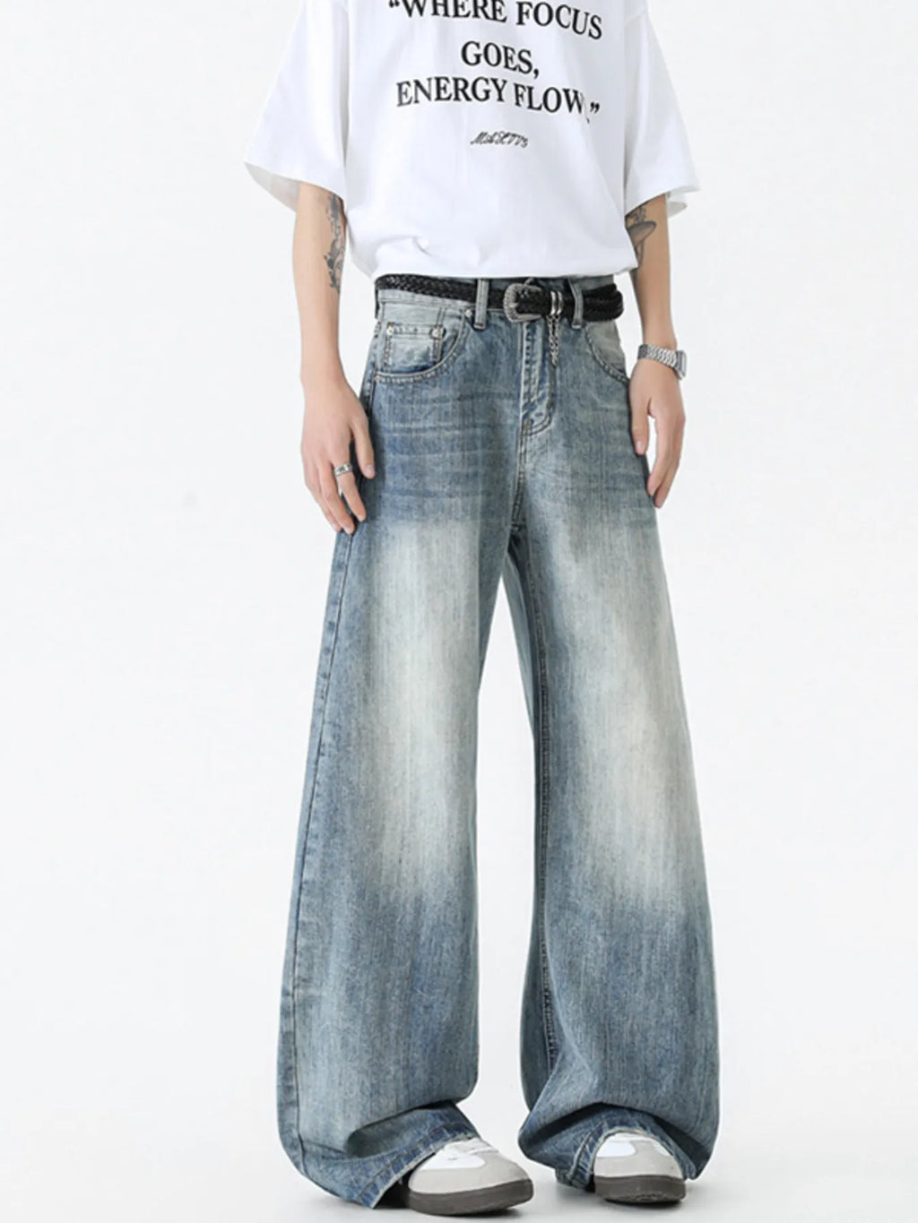 men's men's vintage wash wide leg jeans - side view