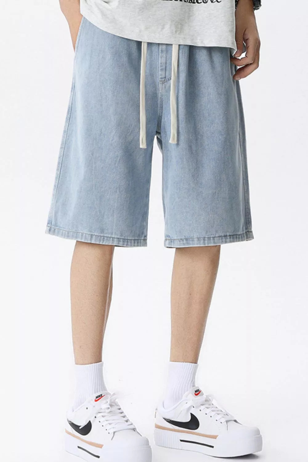 men's men's full size vintage wash drawstring denim shorts plus size - additional image