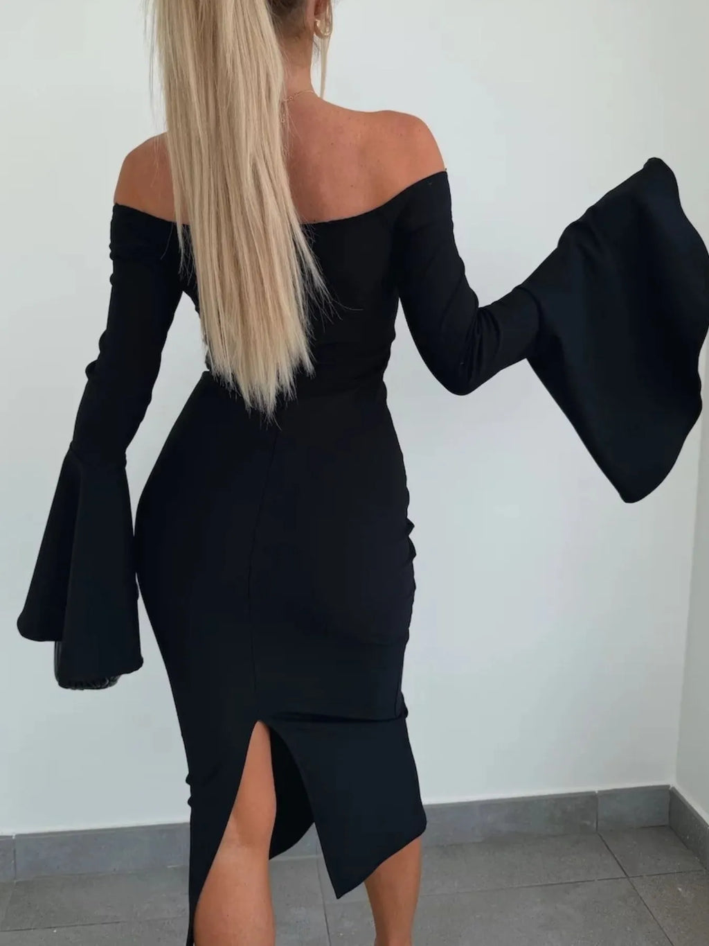 Off-Shoulder Bell Sleeve Bodycon Midi Dress – Donjane