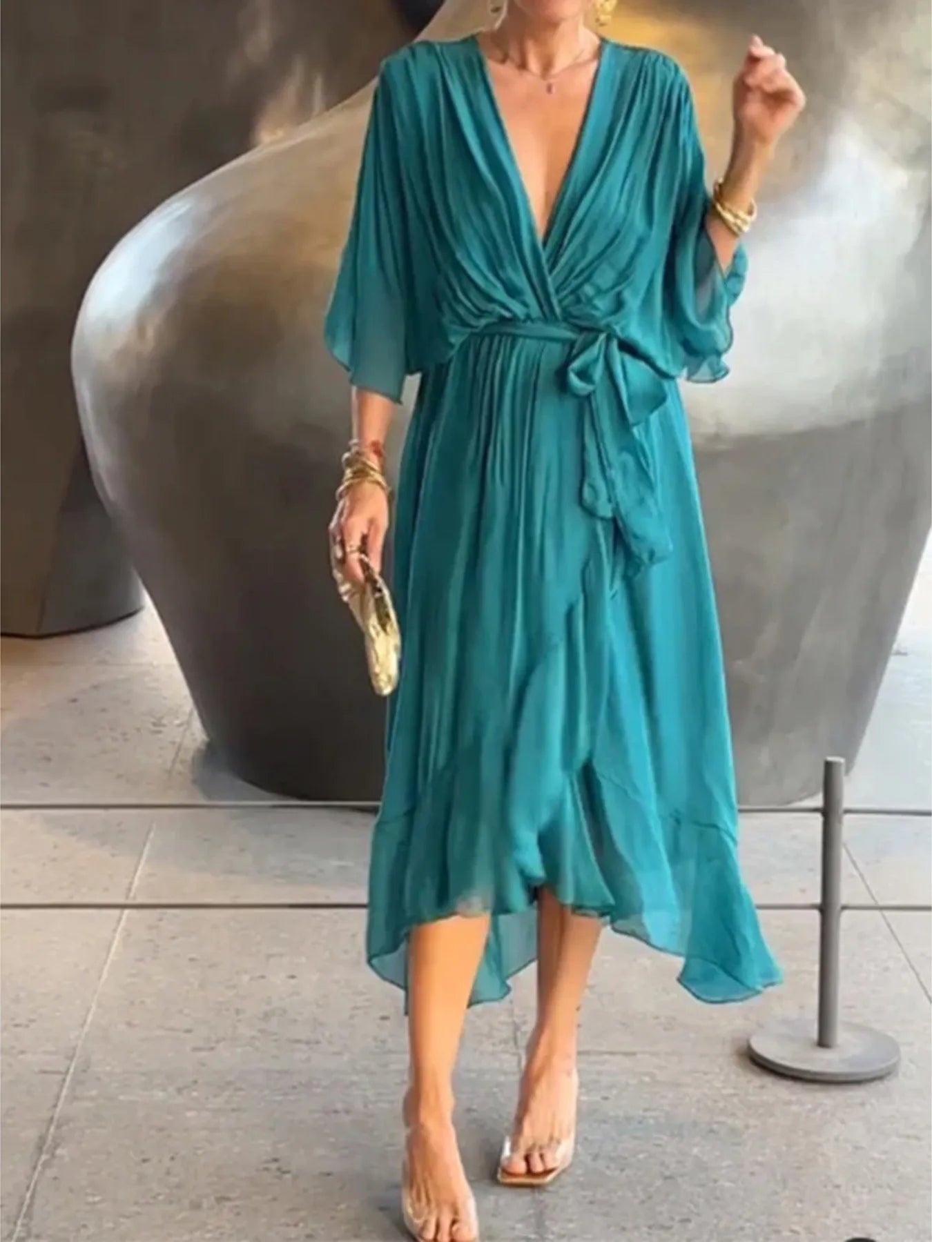 Full Size Flowy Tie Front Midi Dress with Flutter Sleeves Plus Size