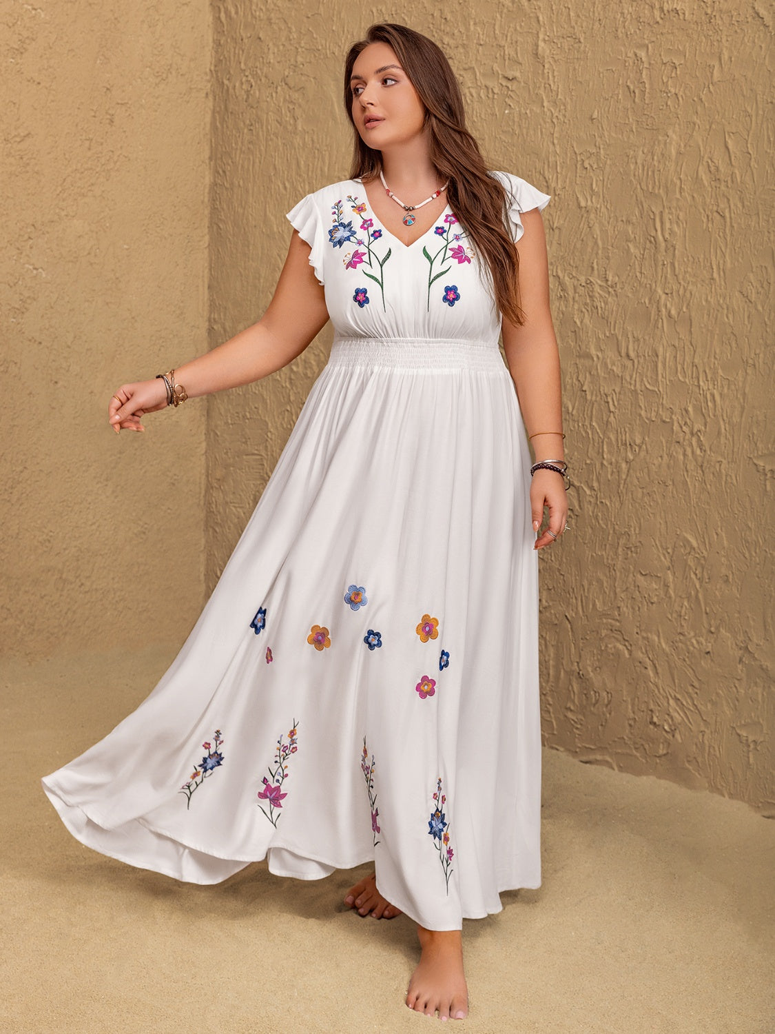 Plus Size Embroidered Floral V-Neck Cap Sleeve Maxi Dress White