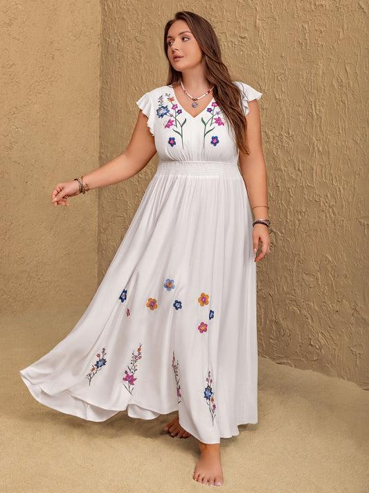 Plus Size Embroidered Floral V-Neck Cap Sleeve Maxi Dress White