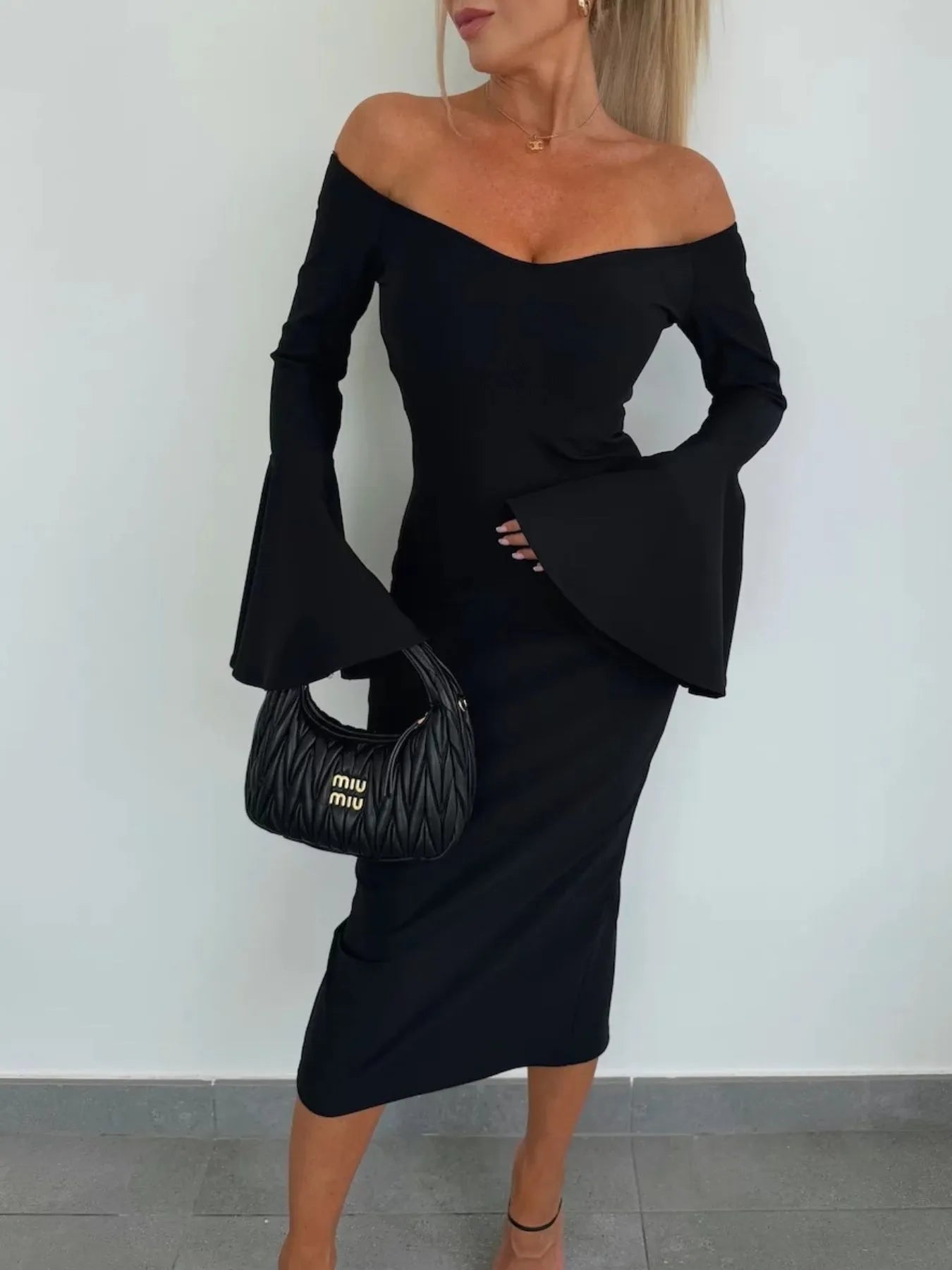 Off-Shoulder Bell Sleeve Bodycon Midi Dress – Donjane