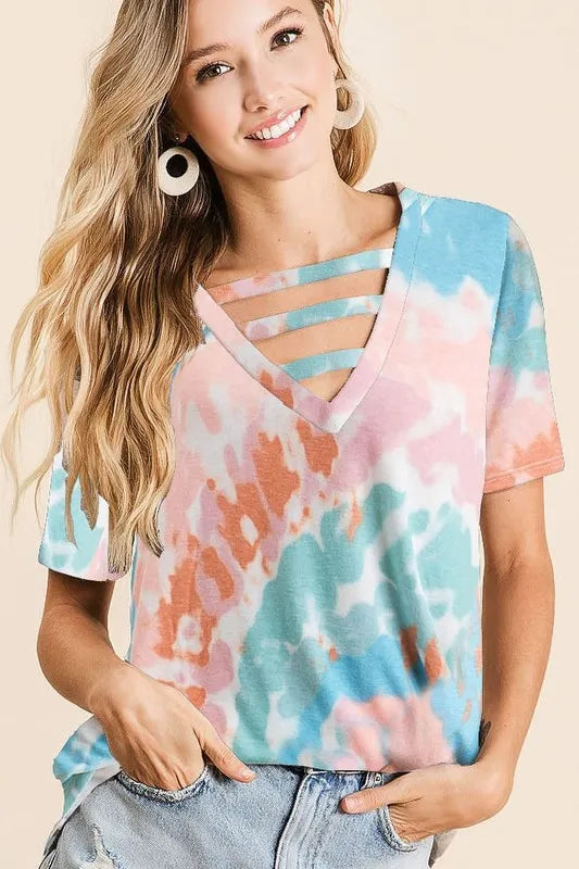 women's bibi tie-dye v-neck cutout short sleeve t-shirt - front view