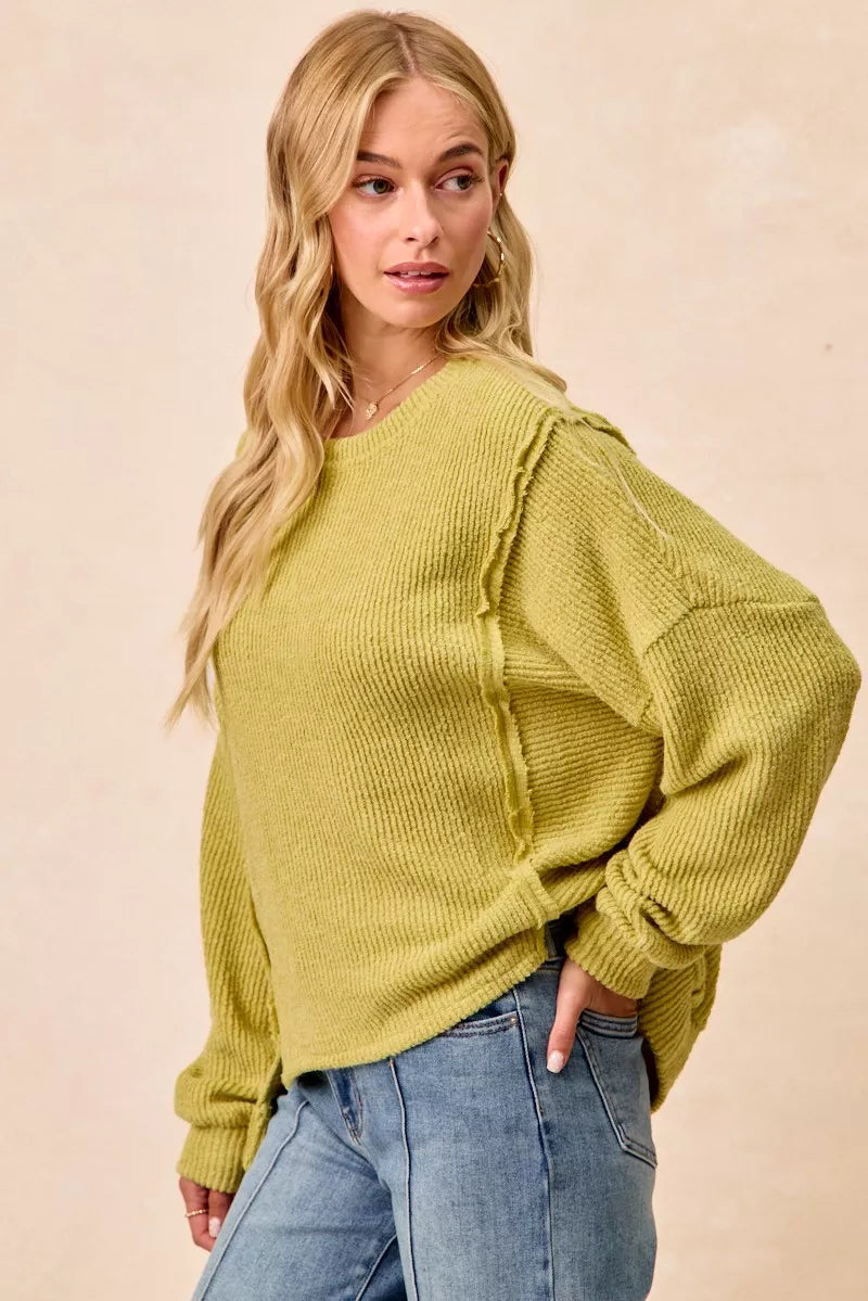 women's bibi boucle rib knit uneven hem sweater with open seam - back view