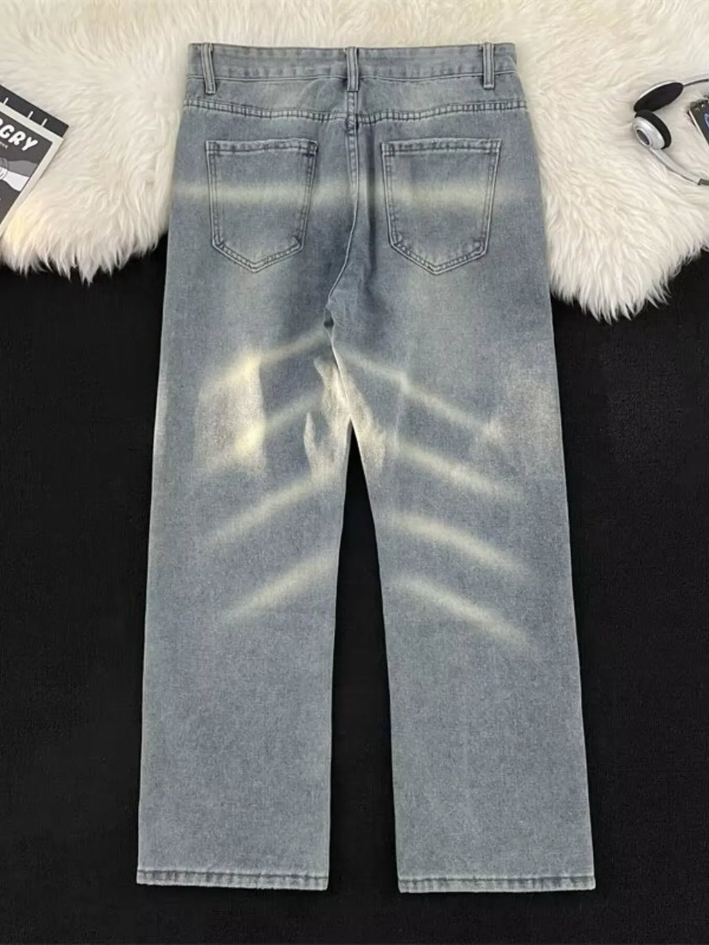 men's men's full size vintage wash wide leg jeans plus size - second view