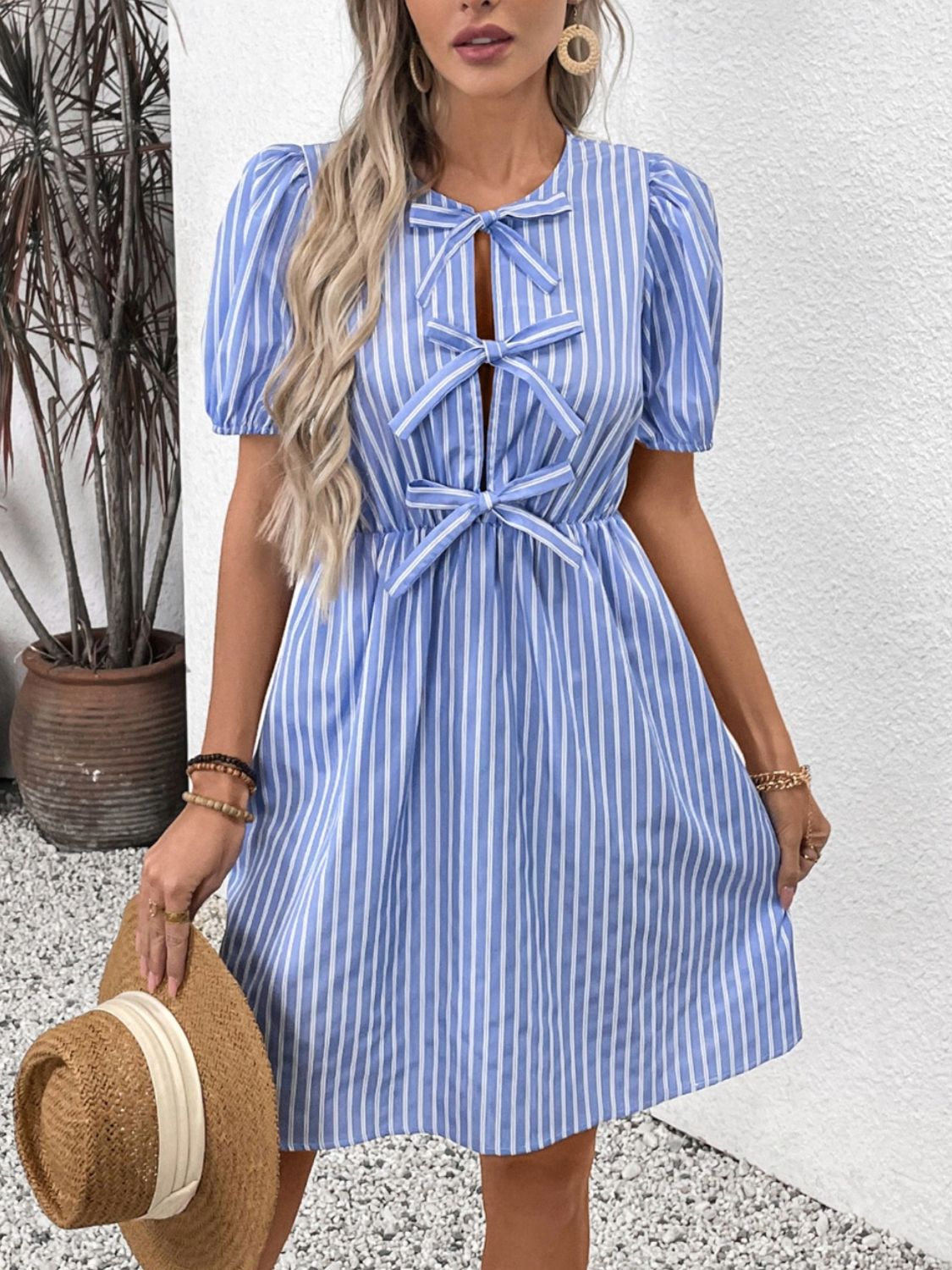 Perfee Tied Striped Short Sleeve Mini Dress