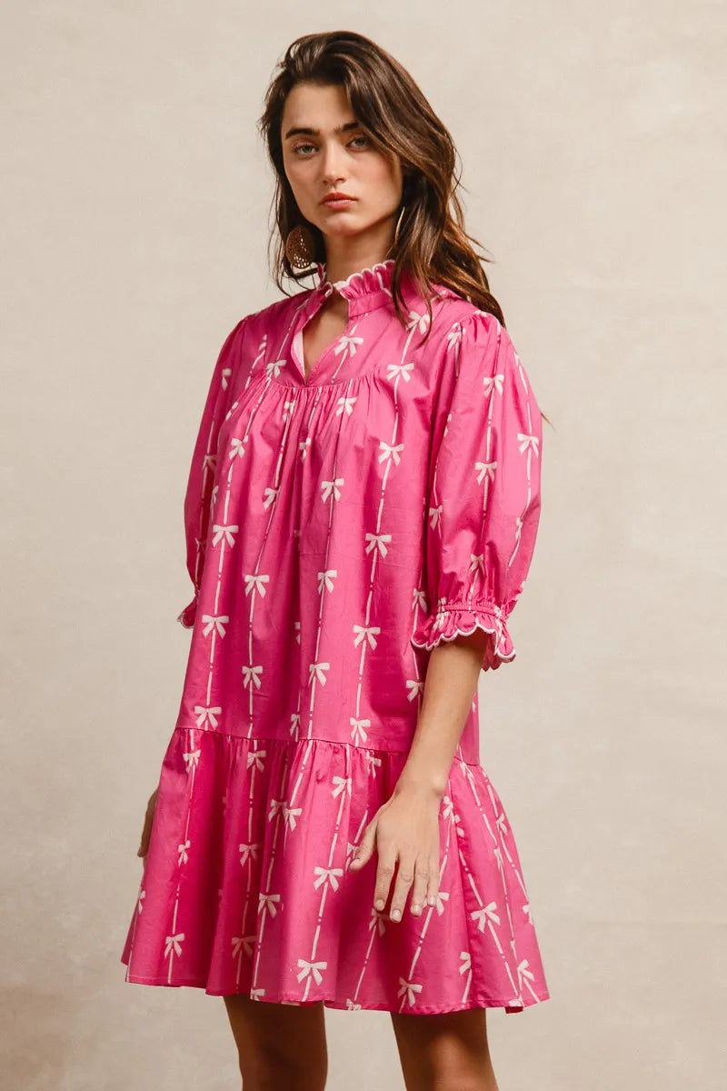 bibi ribbon patterns with scallops edge details short sleeve dress shown as women’s outerwear
