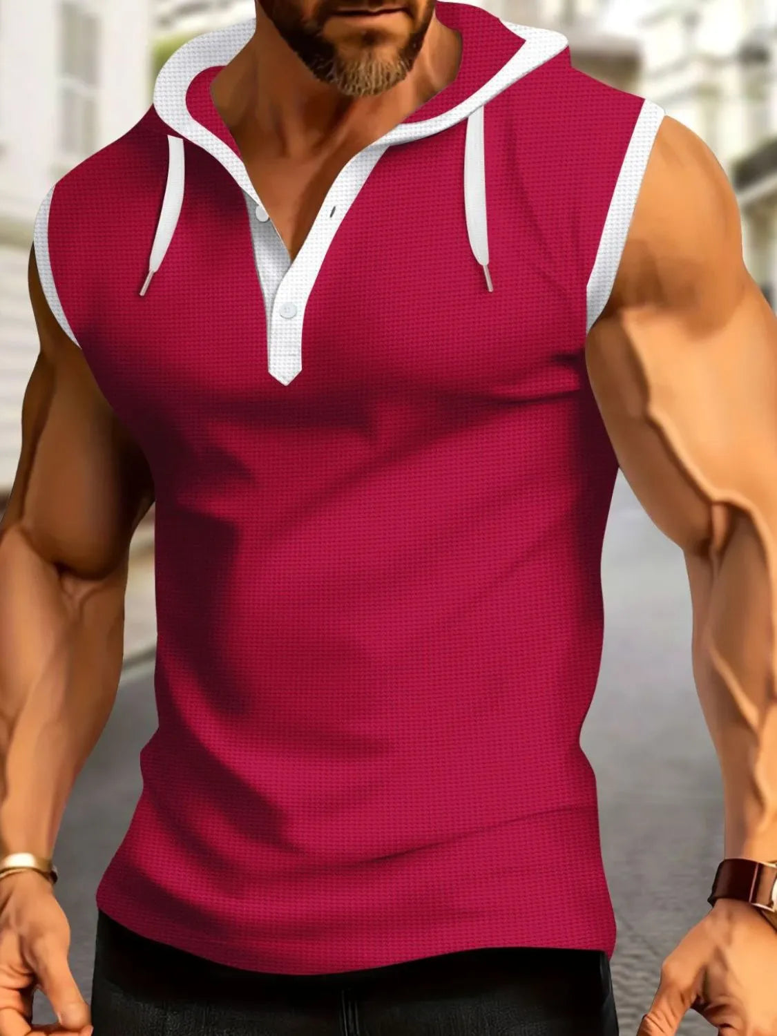 Men's Full Size Waffle-Knit Hooded Tank Plus Size Deep Rose