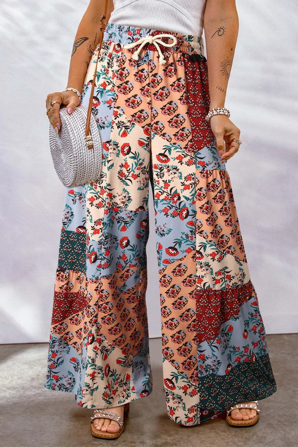 Full Size Drawstring Printed Wide Leg Pants Apricot