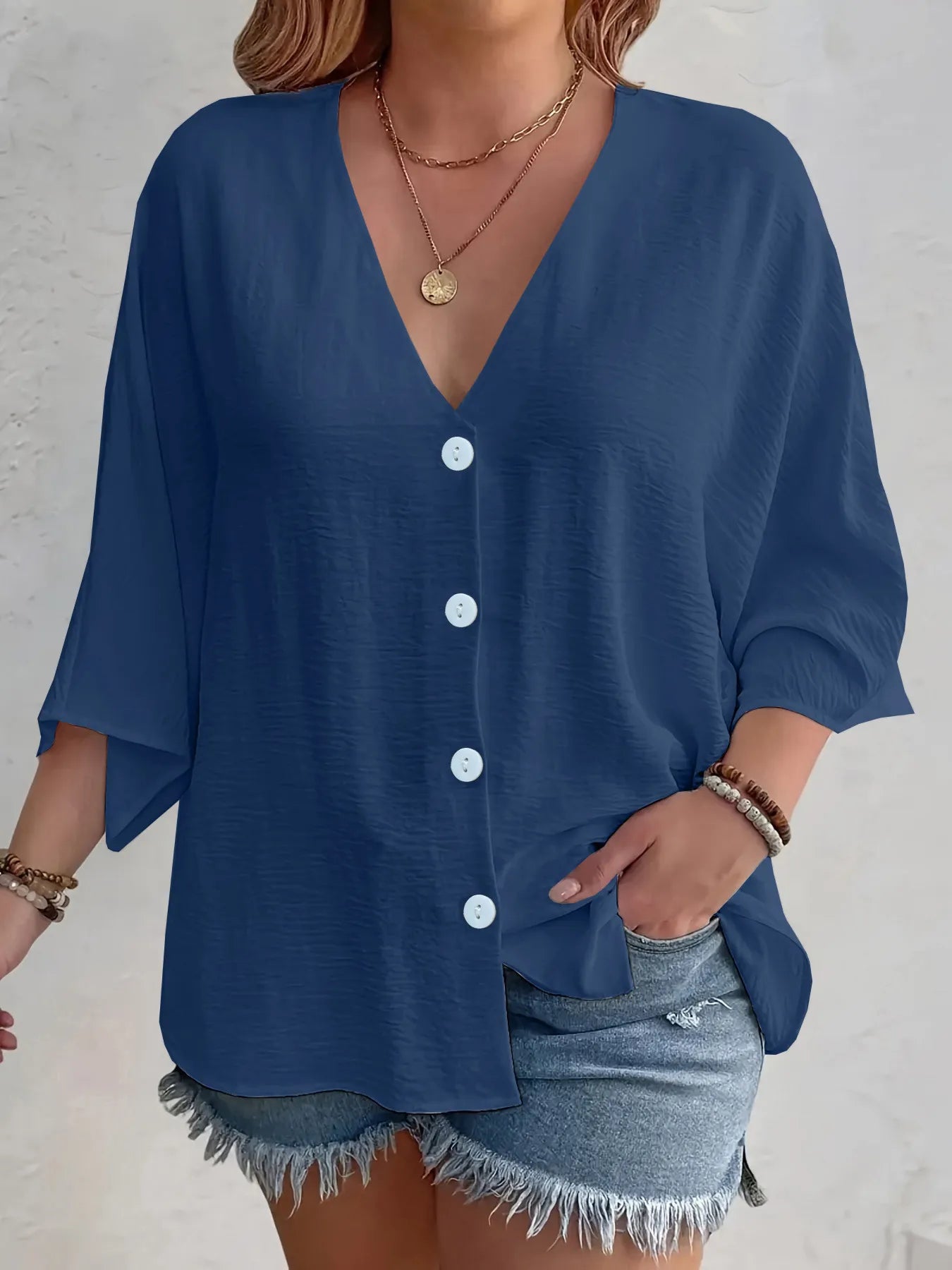 Full Size Casual V-Neck Button Down Relaxed Fit Blouse Plus Size Navy