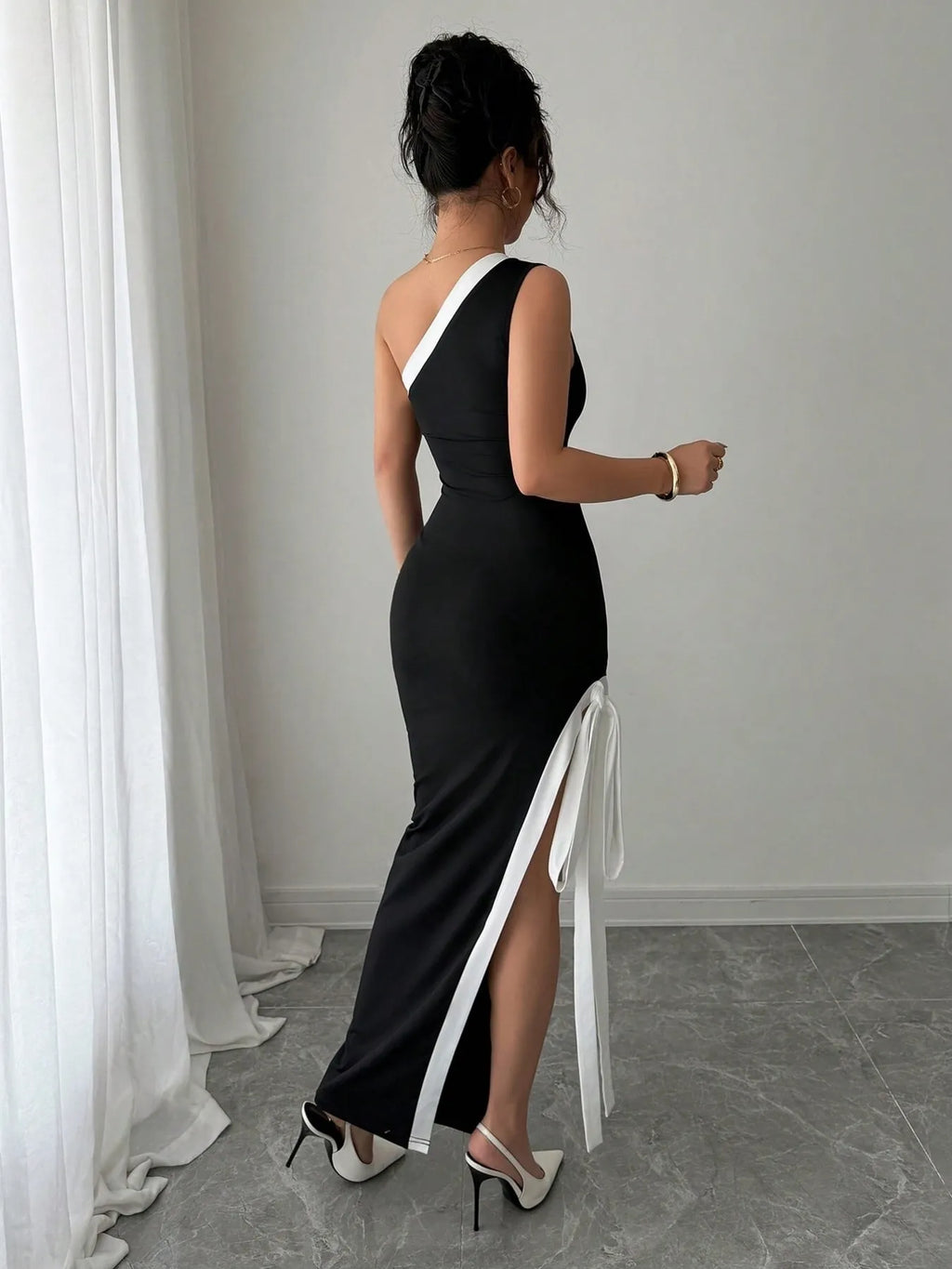 Slit Contrast Trim One-Shoulder Dress – Donjane