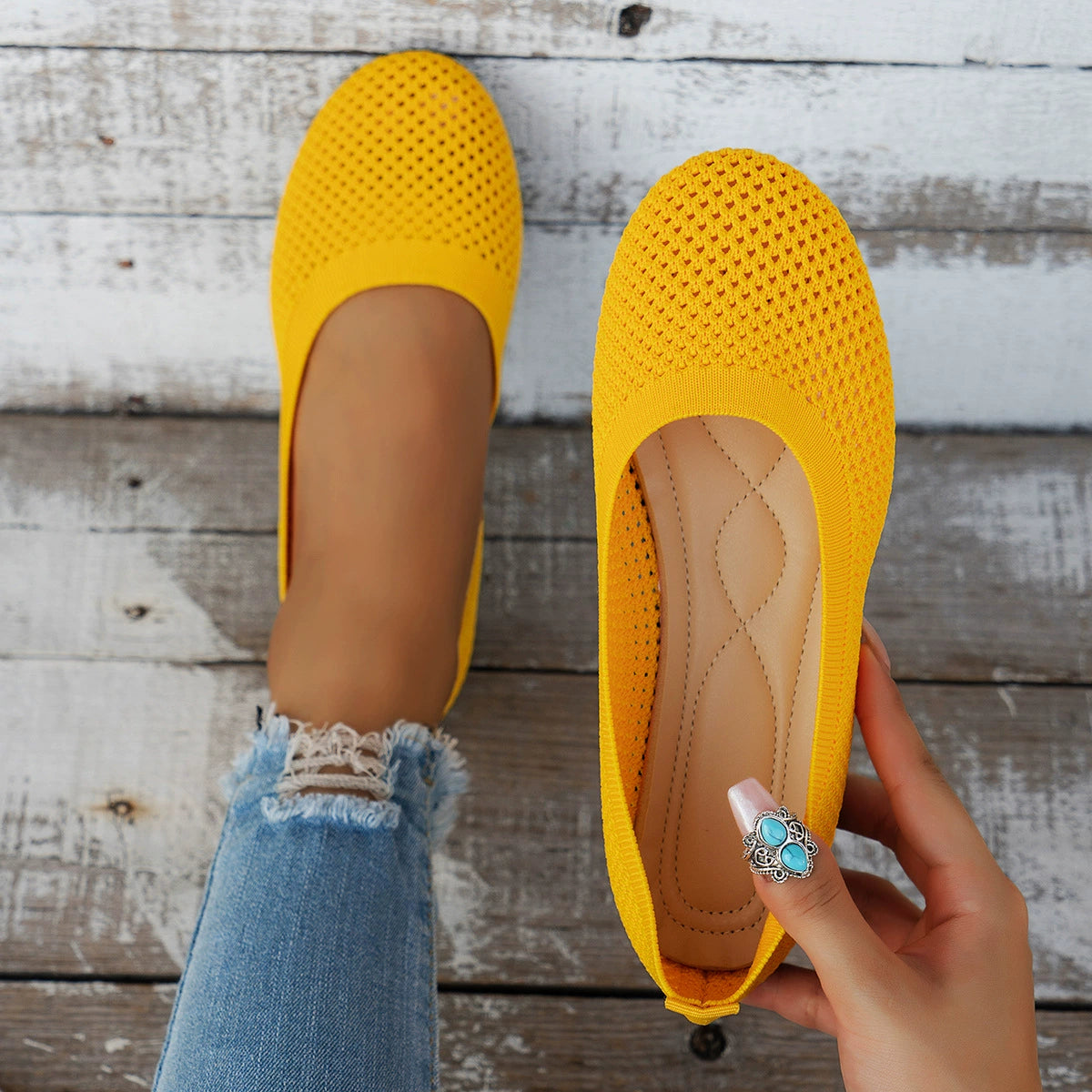 Solid Color Mesh Flat Slip-Ons Gold
