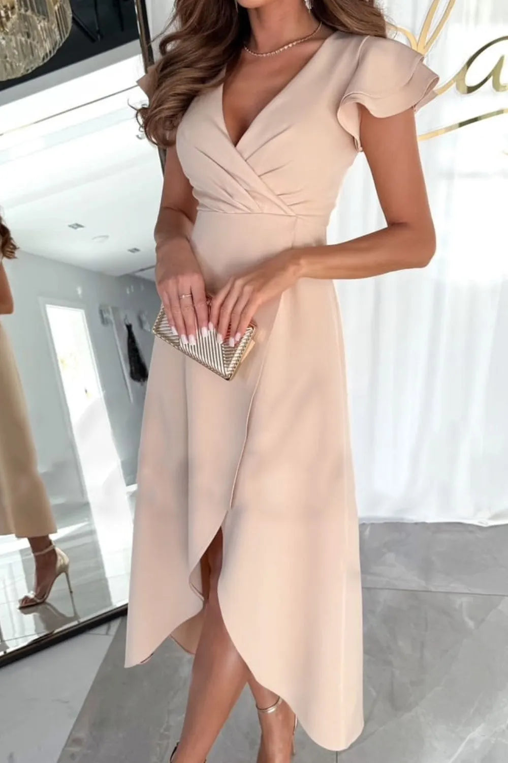 Surplice Ruffled Cap Sleeve Zip Back Dress