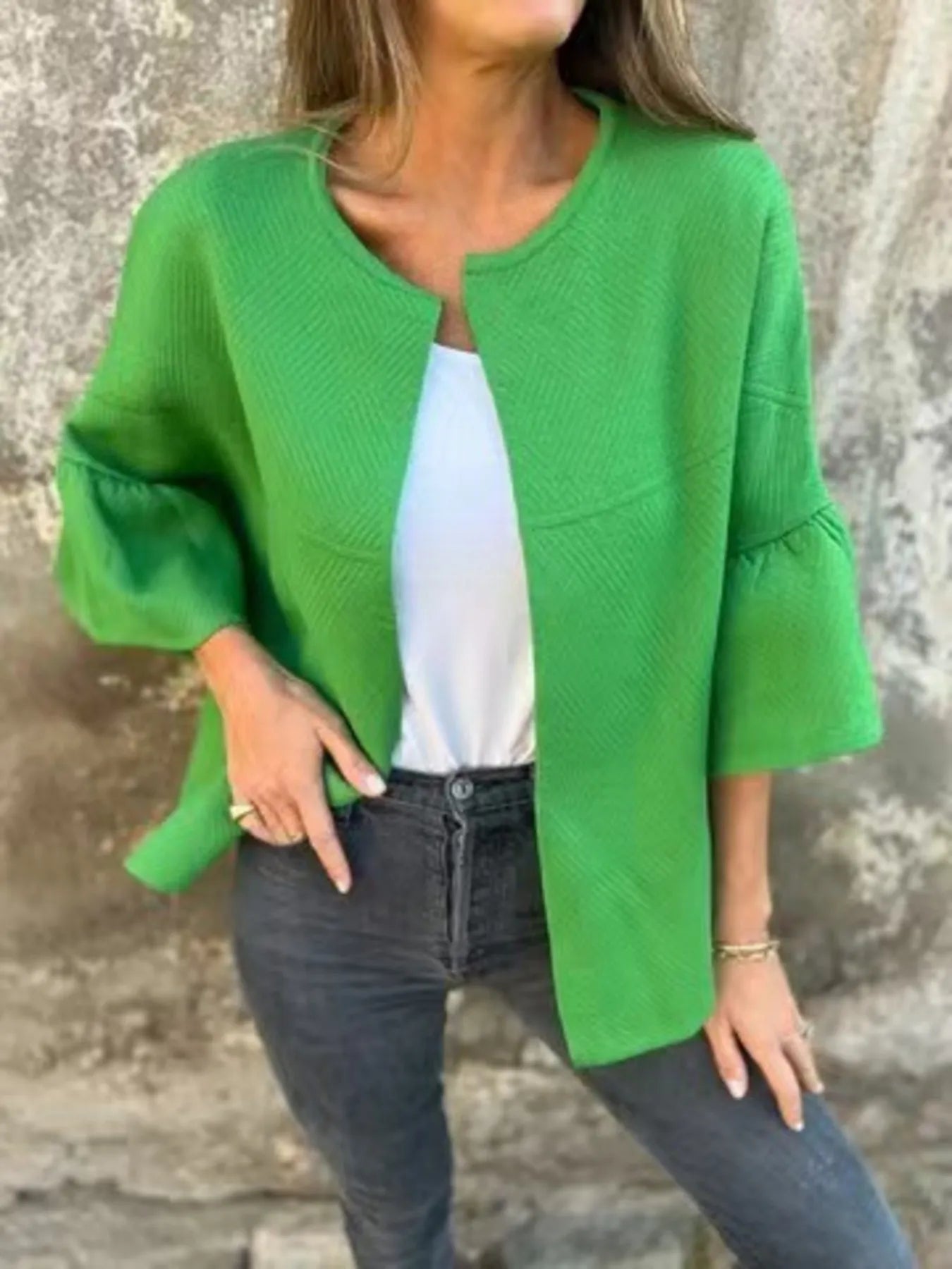 Full Size Bell Sleeve Open Front Cardigan Plus Size Green