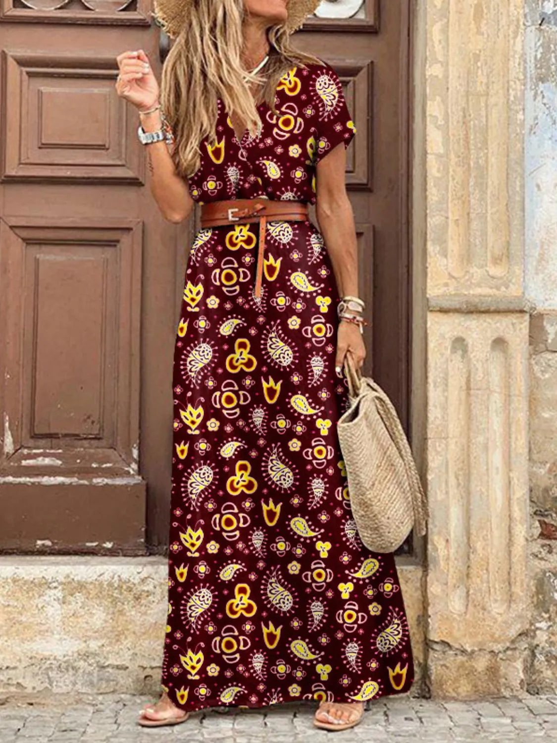 Full Size Printed V-Neck Short Sleeve Maxi Dress Plus Size Blue