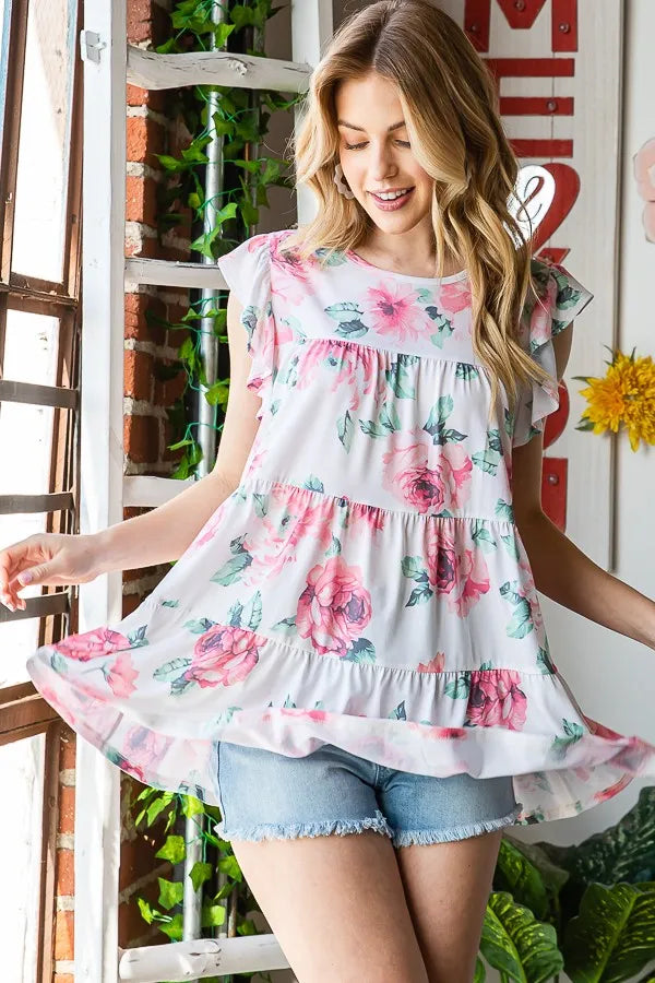Heimish Full Size Butterfly Short Sleeve Round Neck Floral Print Tiered Top Plus Size Cream