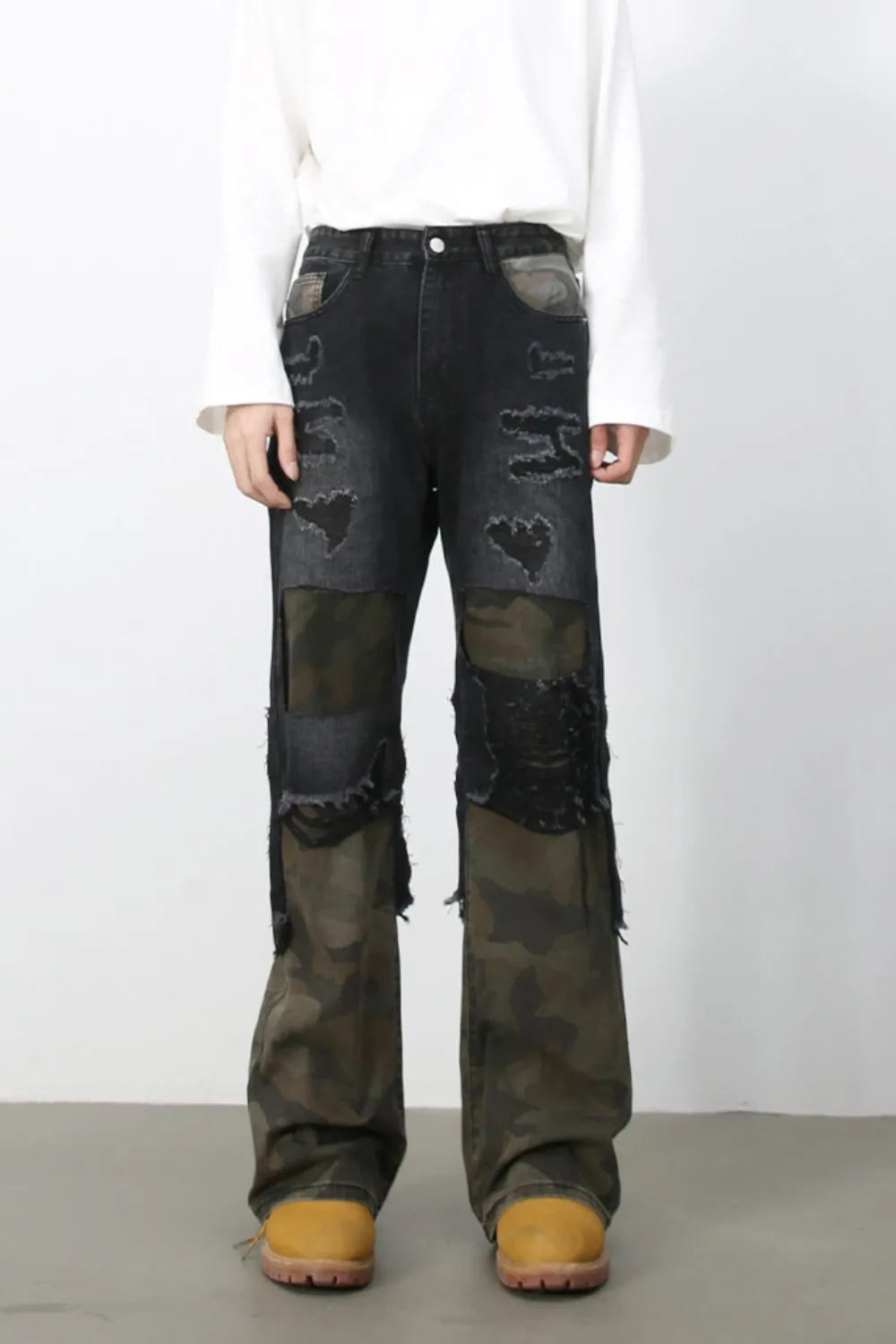 Men's Frayed Hem Camouflage Jeans Dark