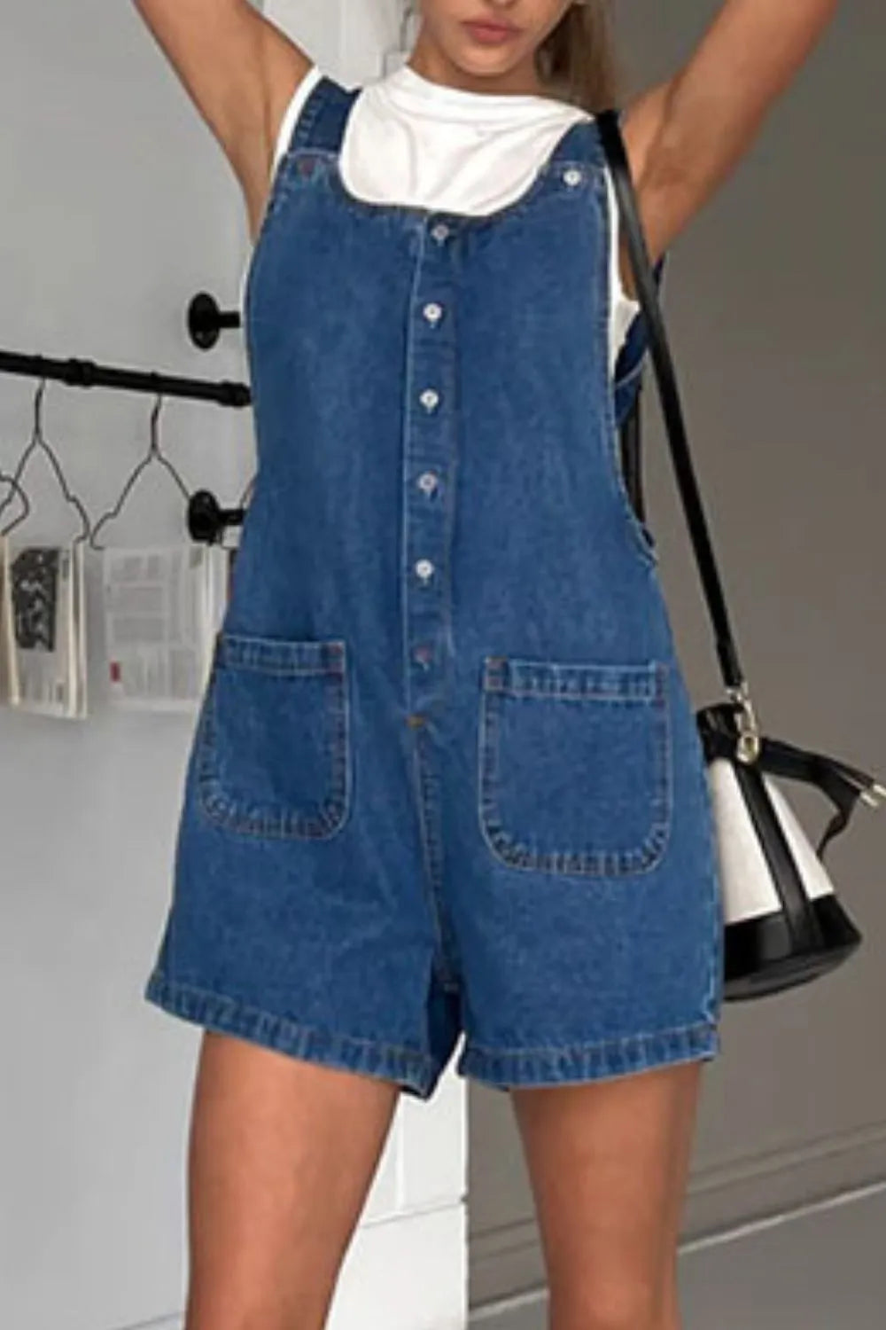 Button Front Denim Overall Shorts with Front Pockets