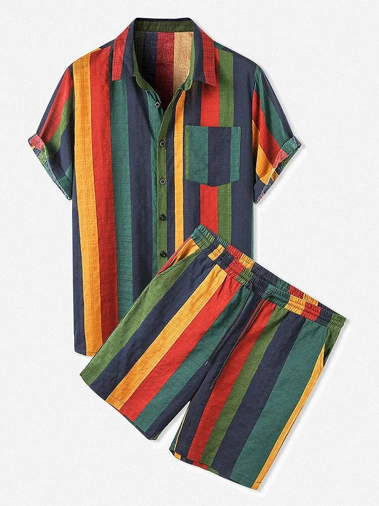 men's men's full size striped button up shirt and shorts set plus size - product showcase