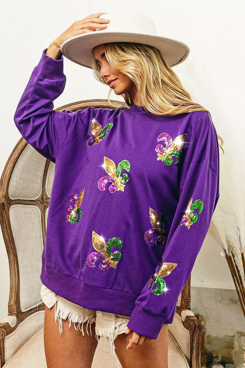 women's bibi fleur de lis sequin patches mardi gras sweatshirt - additional angle
