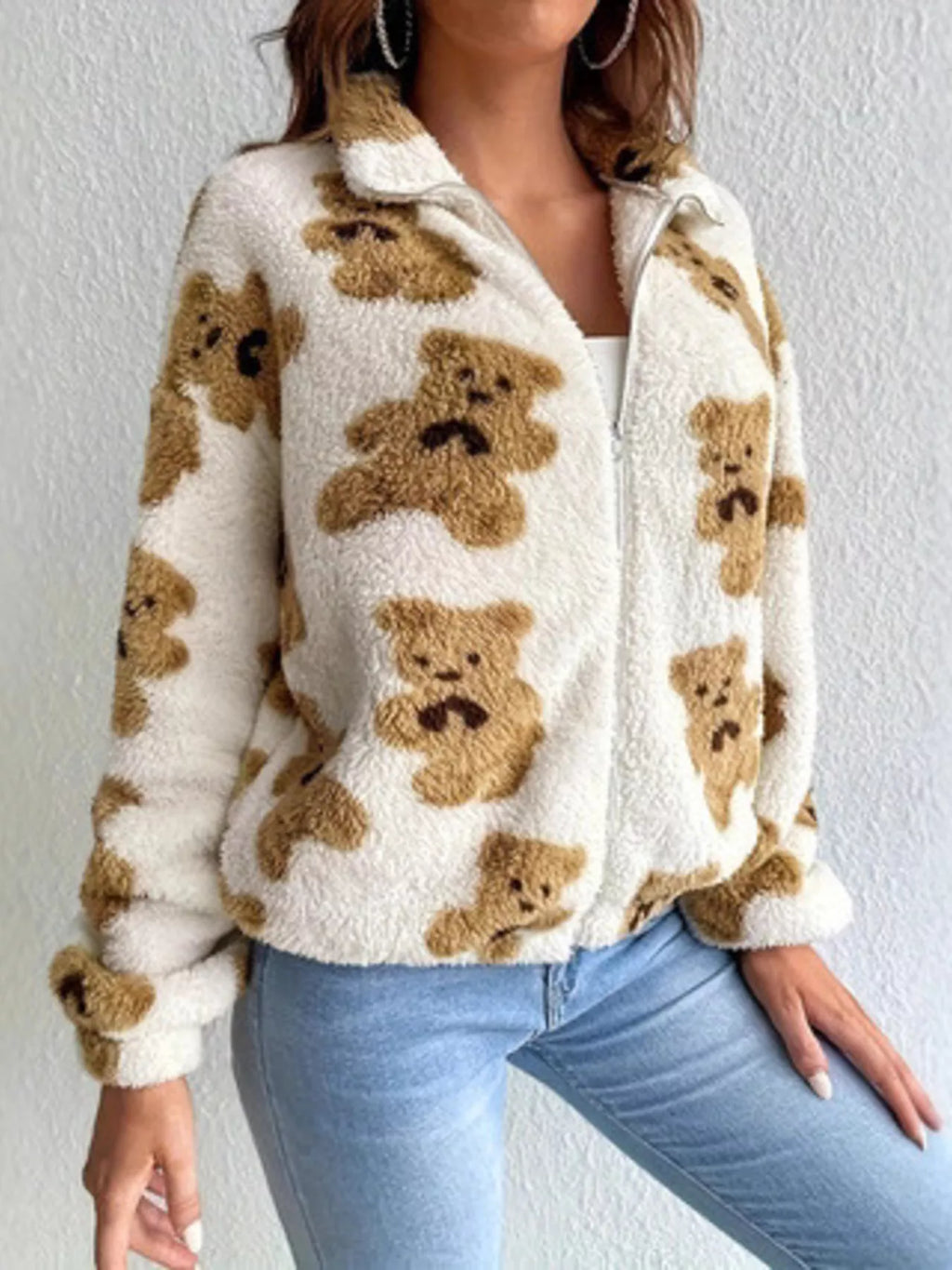 women's teddy bear fuzzy zip-up jacket - main product image