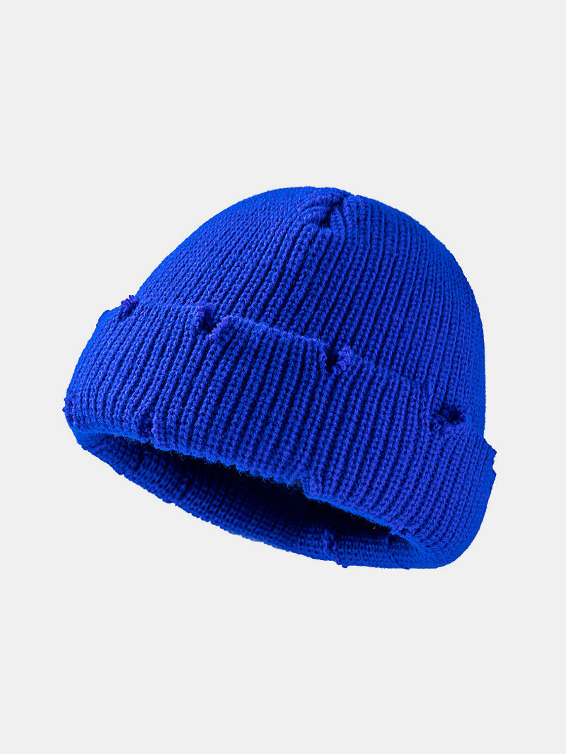 Distressed Cuffed Knit Hat Royal Blue One Size