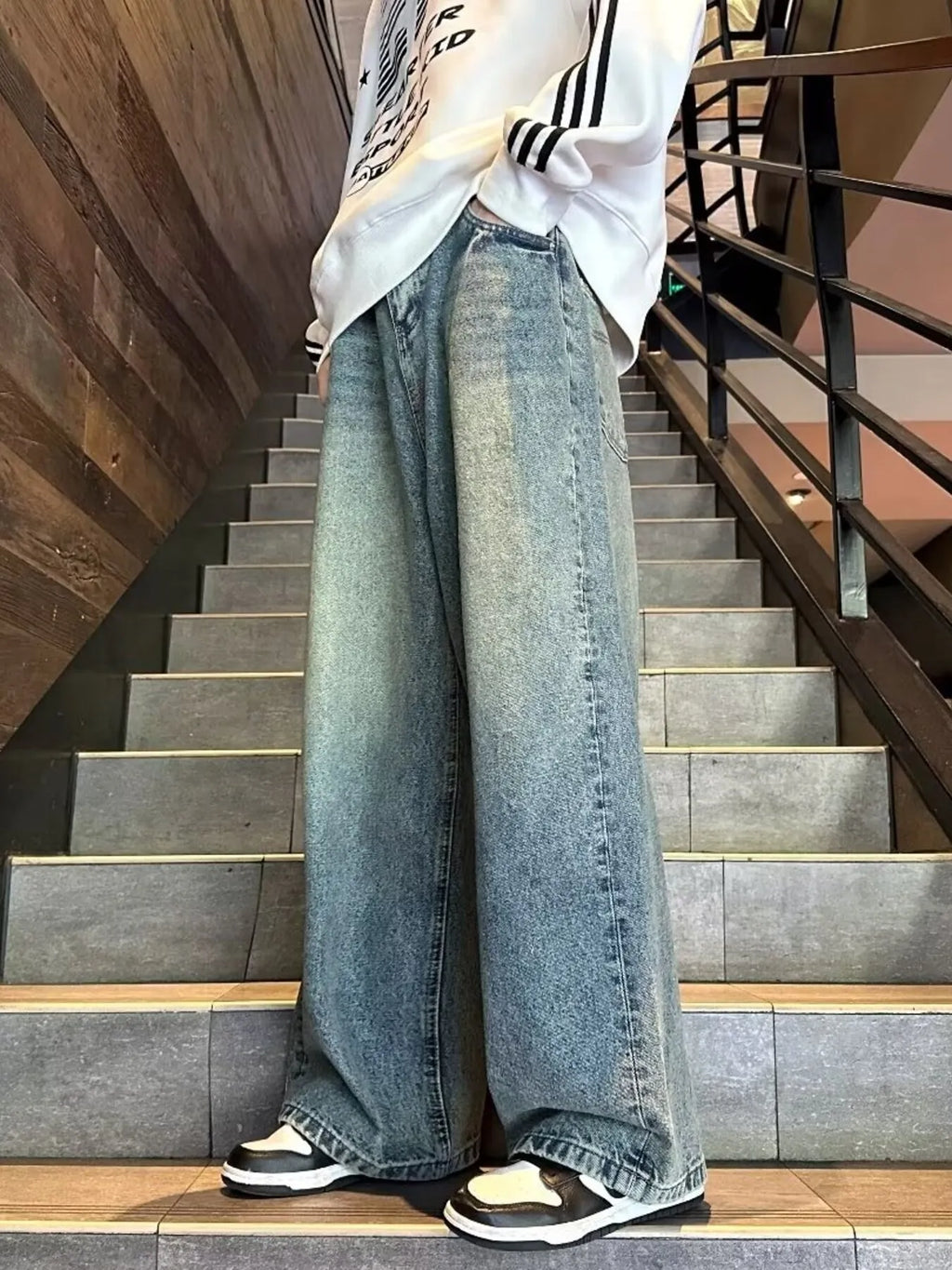 men's men's full size vintage wash wide leg jeans plus size - second view