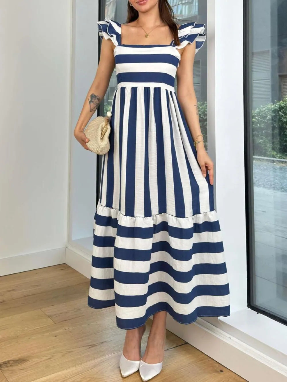Smocked Striped Square Neck Cap Sleeve Dress Dark Blue