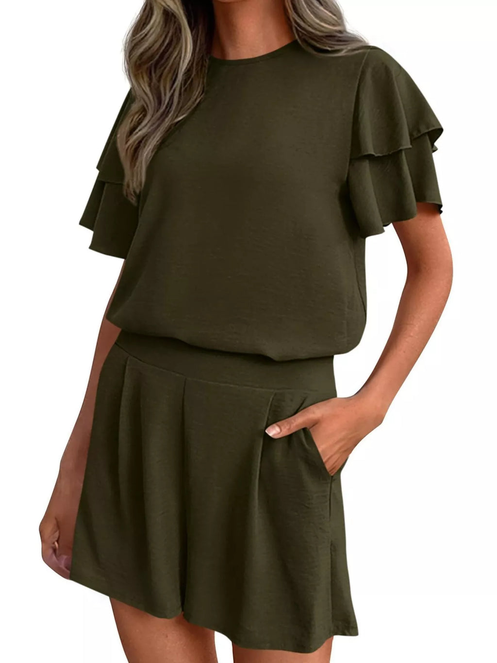 women's ruffle sleeve top and shorts two-piece set - product detail