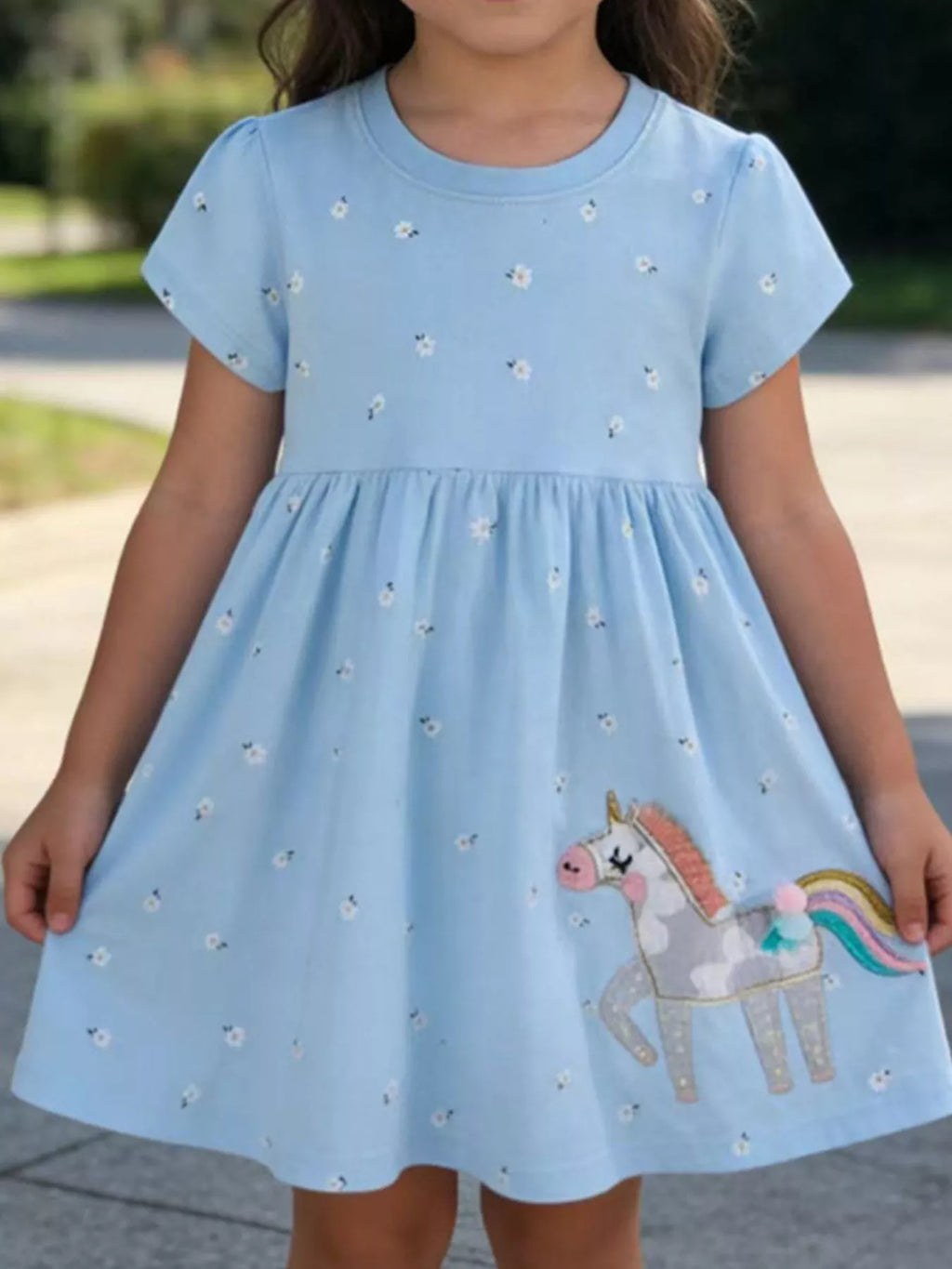 women's children's floral unicorn round neck dress - front view