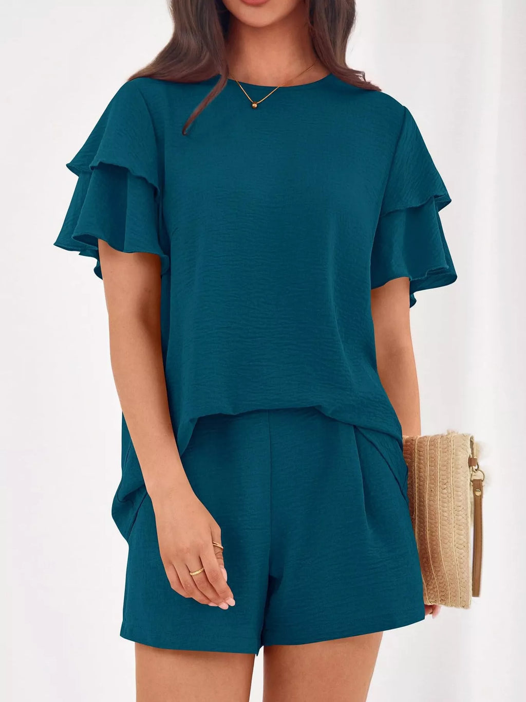 women's ruffle sleeve top and shorts two-piece set - product detail