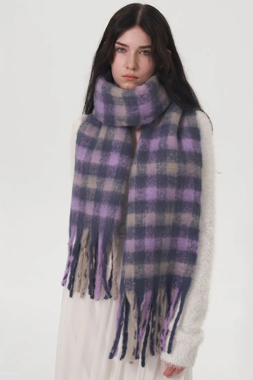 faux fur trim scarf layered over coat