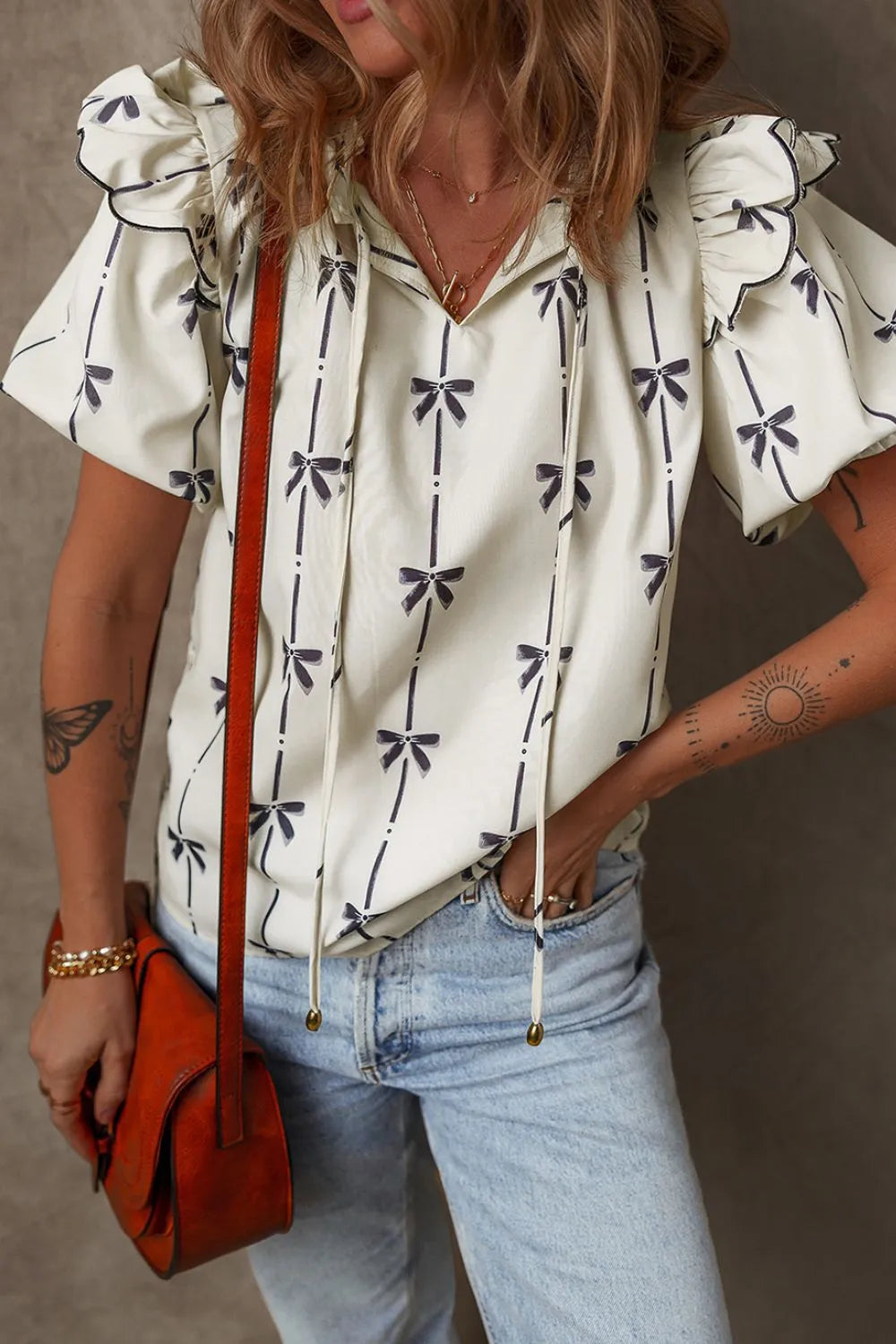 Bow Print Tie Neck Short Sleeve Blouse Ivory