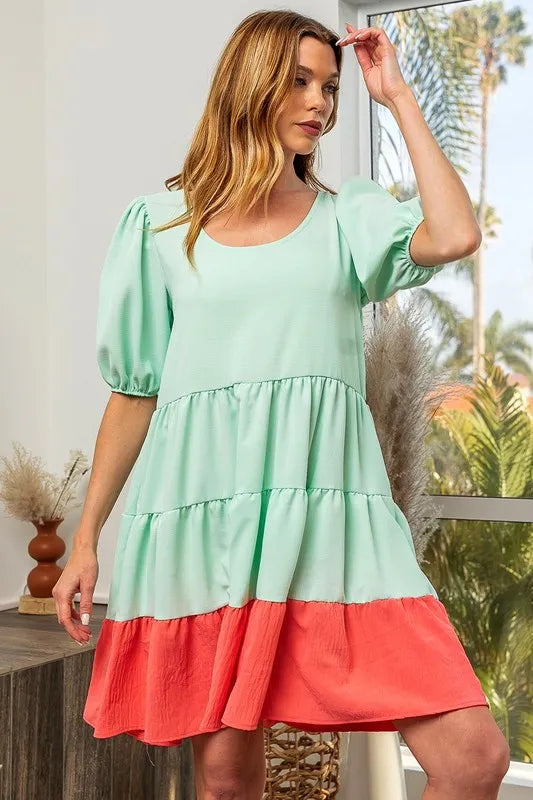 women's bibi two-tone balloon sleeves u neck tiered ruffle hem mini dress - styled view